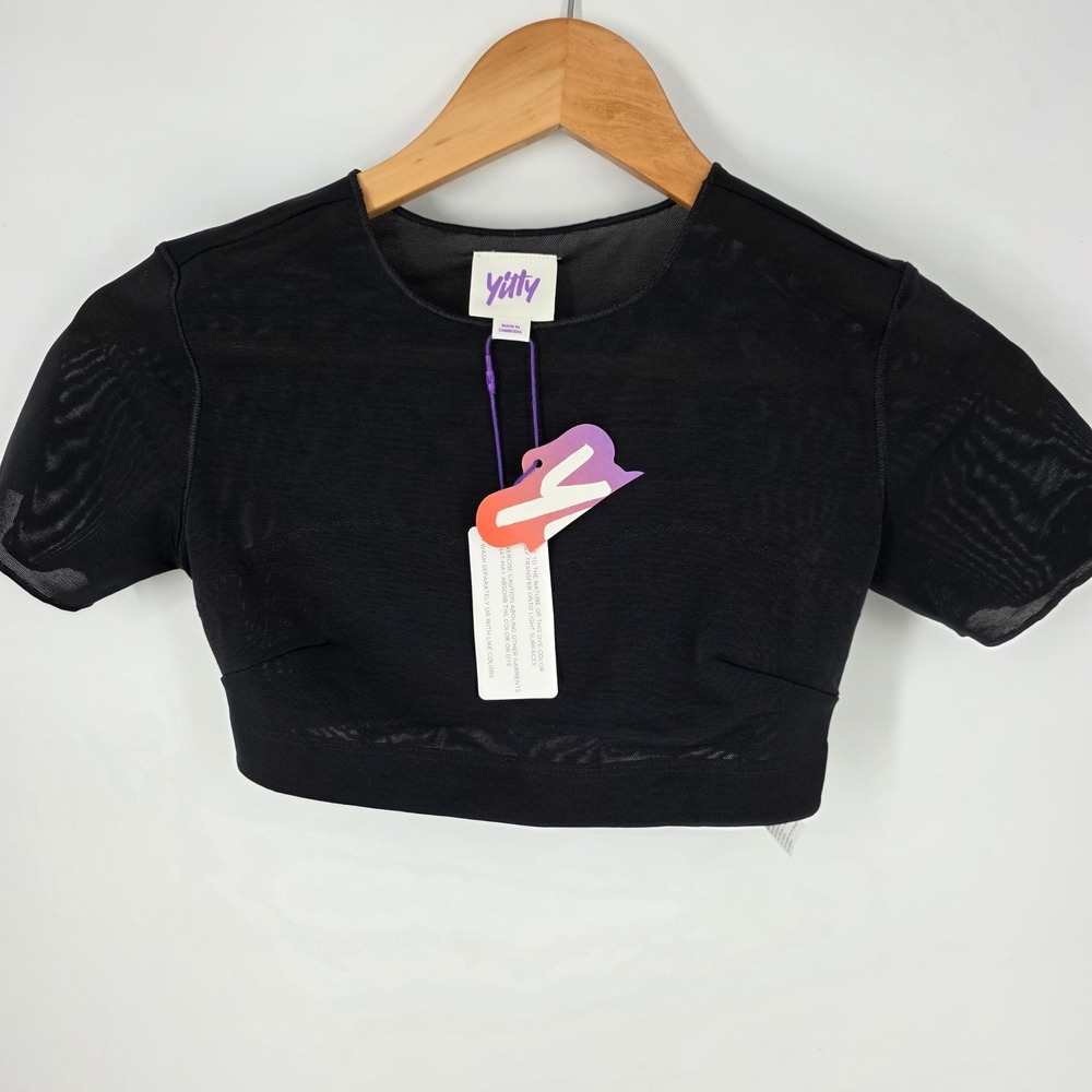 Yitty Mesh Me Smoothing Midi Top Women Size S‎ Black Sheer Short Sleeve Crop NWT